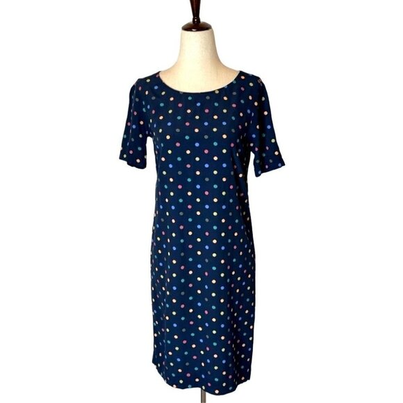 J. Jill Navy Blue Multi Color Polka Dot Rayon Short Sleeve Shift Dress Size 2 - Picture 1 of 8